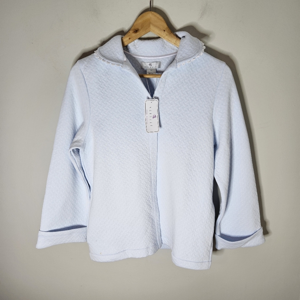 Marelle Sleepwear Kelly Jacquard Need Jacket Pima Cotton Light Blue NWT M Medium